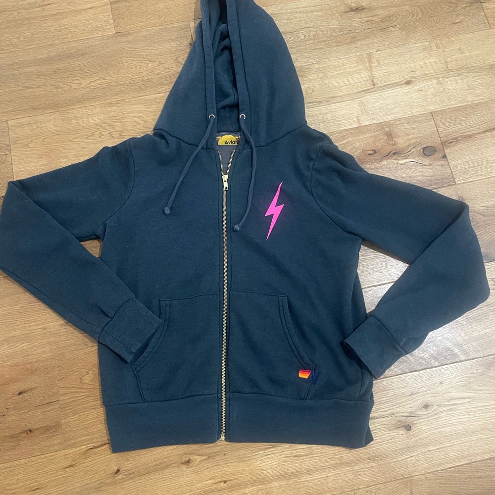 Aviator Nation Navy Hoodie with Pink Lightning Bolt